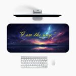 Infidu desk pad with cosmic night sky, water reflection, and “I am the way” Bible verse from John 14:6 in elegant yellow script.