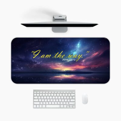 Infidu desk pad with cosmic night sky, water reflection, and “I am the way” Bible verse from John 14:6 in elegant yellow script.