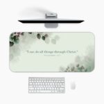 Infidu Mint Green Desk Pad featuring eucalyptus leaves and Bible verse Philippians 4:13 on a soft mint green background.