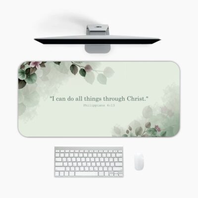 Infidu Mint Green Desk Pad featuring eucalyptus leaves and Bible verse Philippians 4:13 on a soft mint green background.