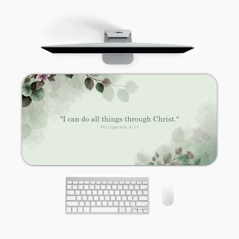 Infidu Mint Green Desk Pad featuring eucalyptus leaves and Bible verse Philippians 4:13 on a soft mint green background.