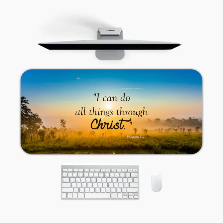 Infidu Sunrise Countryside Desk Pad featuring vintage art of green fields, glowing sunrise, and Bible verse "I can do all things through Christ."