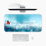 Infidu desk pad with Bible verse Philippians 4:13, red butterfly, and soft blue meadow background.