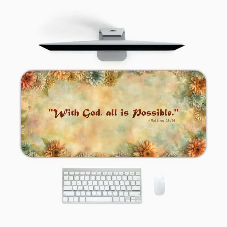 Infidu soft floral desk pad with Matthew 19:26 Bible verse in vintage watercolor design