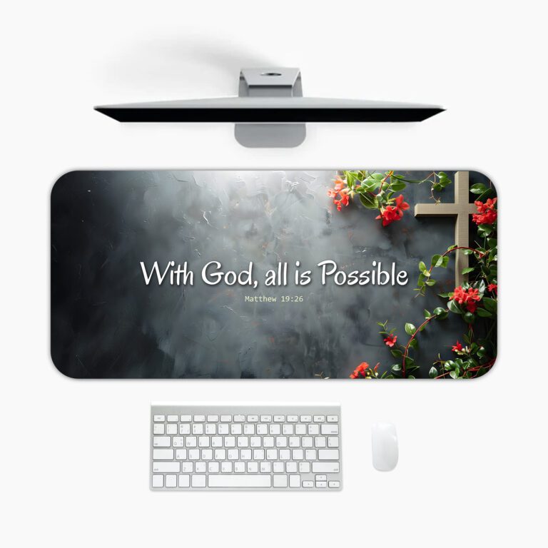 Infidu desk pad with wooden cross, red flowers, and Matthew 19:26 Bible verse on a gray gradient background.