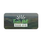 Infidu desk pad with green hills, blue mountains, and “Fear Not” Bible verse from Isaiah 41:10 in white and green, radiating peaceful vibes.