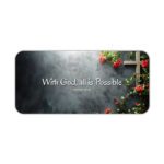 Infidu desk pad with wooden cross, red flowers, and Matthew 19:26 Bible verse on a gray gradient background.