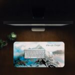 Infidu desk pad with hand-painted snowy mountains and “Faith can be Trusted” quote in soft blue and white tones.