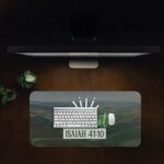 Infidu desk pad with green hills, blue mountains, and “Fear Not” Bible verse from Isaiah 41:10 in white and green, radiating peaceful vibes.