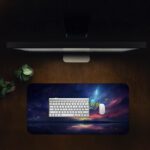 Infidu desk pad with cosmic night sky, water reflection, and “I am the way” Bible verse from John 14:6 in elegant yellow script.