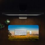 Infidu Sunrise Countryside Desk Pad featuring vintage art of green fields, glowing sunrise, and Bible verse "I can do all things through Christ."