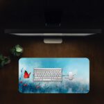 Infidu desk pad with Bible verse Philippians 4:13, red butterfly, and soft blue meadow background.