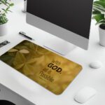Infidu Golden Faith desk pad with Bible quote and leafy vintage art on a golden background