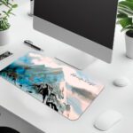 Infidu desk pad with hand-painted snowy mountains and “Faith can be Trusted” quote in soft blue and white tones.