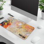 Infidu desk pad with painted floral design and Faith Over Fear – Trust God quote in warm earthy tones.