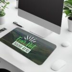 Infidu desk pad with green hills, blue mountains, and “Fear Not” Bible verse from Isaiah 41:10 in white and green, radiating peaceful vibes.