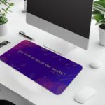Infidu Modern Desk Pad featuring John 3:16 Bible verse on deep purple and magenta abstract geometric background with vintage art style.