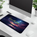 Infidu desk pad with cosmic night sky, water reflection, and “I am the way” Bible verse from John 14:6 in elegant yellow script.