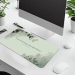 Infidu Mint Green Desk Pad featuring eucalyptus leaves and Bible verse Philippians 4:13 on a soft mint green background.