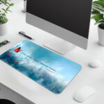 Infidu desk pad with Bible verse Philippians 4:13, red butterfly, and soft blue meadow background.