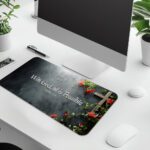 Infidu desk pad with wooden cross, red flowers, and Matthew 19:26 Bible verse on a gray gradient background.