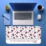 Infidu white and red desk pad with Genesis 1:1 Bible verse and scattered heart design