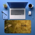 Infidu Golden Faith desk pad with Bible quote and leafy vintage art on a golden background