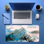 Infidu desk pad with hand-painted snowy mountains and “Faith can be Trusted” quote in soft blue and white tones.