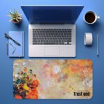 Infidu desk pad with painted floral design and Faith Over Fear – Trust God quote in warm earthy tones.
