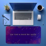 Infidu Modern Desk Pad featuring John 3:16 Bible verse on deep purple and magenta abstract geometric background with vintage art style.