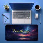 Infidu desk pad with cosmic night sky, water reflection, and “I am the way” Bible verse from John 14:6 in elegant yellow script.
