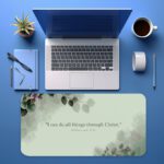 Infidu Mint Green Desk Pad featuring eucalyptus leaves and Bible verse Philippians 4:13 on a soft mint green background.