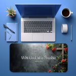 Infidu desk pad with wooden cross, red flowers, and Matthew 19:26 Bible verse on a gray gradient background.