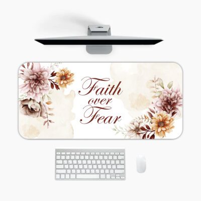 Infidu Elegant Floral Desk Pad featuring dusty pink and peach flowers with “Faith over Fear” quote on a cream watercolor background.