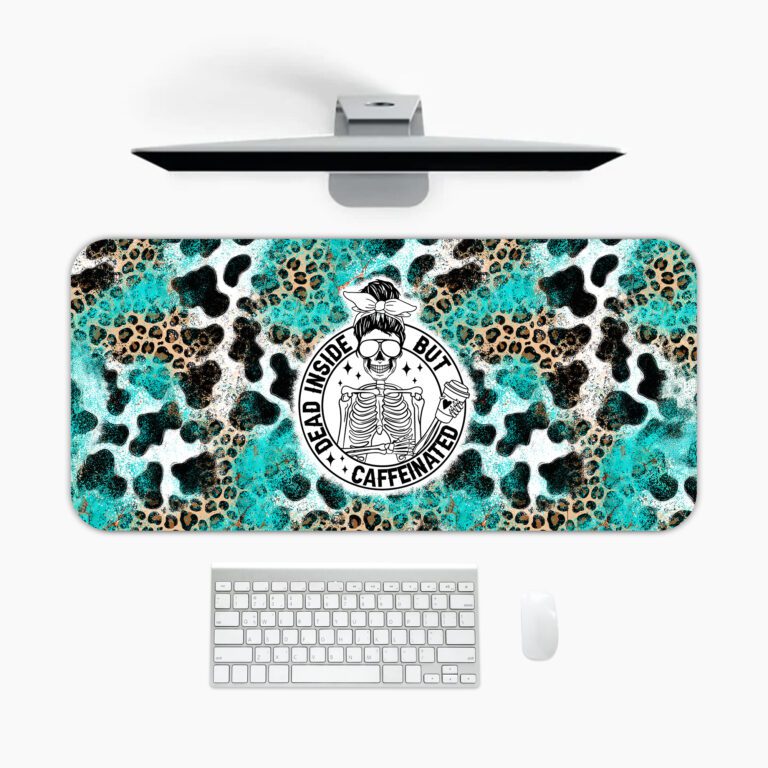 Infidu Sassy Cow Desk Pad with turquoise and leopard print background, black cow illustration wearing a bow, and "Not Today Heifer" text.