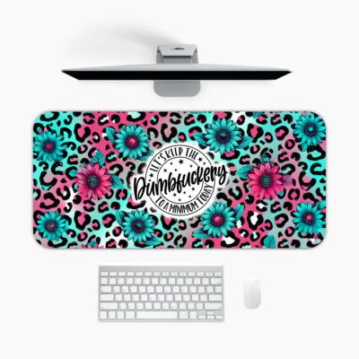 Infidu bold desk pad with bumblebee quote, pink and turquoise leopard print, and floral accents in a fun vintage art style.