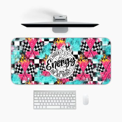 Infidu bold desk pad with colorful patterns and “Unleash the Energy” quote in a dynamic circular badge on a vibrant, high-energy background.