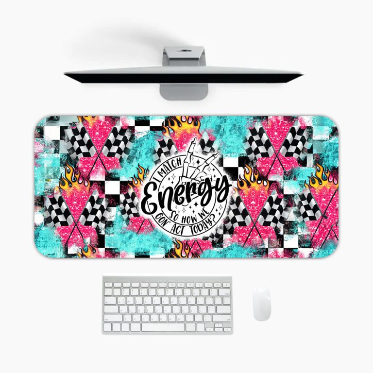 Infidu bold desk pad with colorful patterns and “Unleash the Energy” quote in a dynamic circular badge on a vibrant, high-energy background.