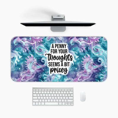 Infidu Ocean Desk Pad with seahorses, swirling ocean patterns, and bold quote on a colorful purple and teal background.