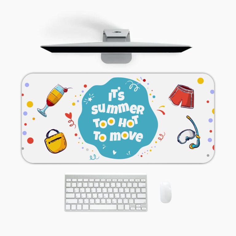 Infidu Summer Desk Pad with white background, blue bubble text “It’s summer too hot to move,” and colorful cartoon summer icons.