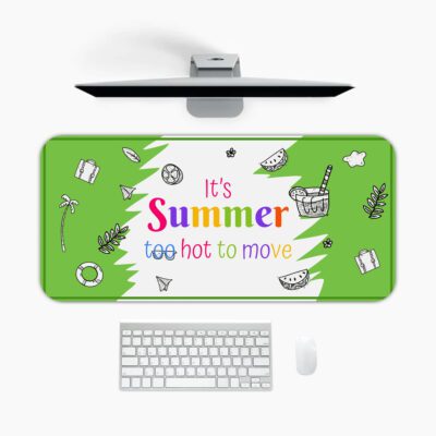 Infidu summer desk pad with green background, colorful text, and playful summer illustrations like ice cream, drink, and picnic basket.