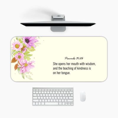 Infidu Elegant Floral Desk Pad with Proverbs 31:26 verse, featuring pink and purple flowers on a cream vintage art background.