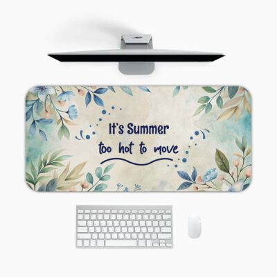 Infidu Summer Desk Pad with pastel watercolor background, green and blue leafy branches, and handwritten summer quote.