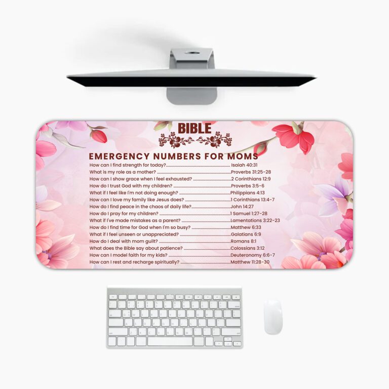 Infidu floral desk pad with soft pink and lavender blooms, featuring Bible emergency numbers for women on a light pink gradient background