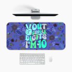 Infidu desk pad with “Out of Single Digits I’m 10” quote, peace sign, and playful floral patterns in vintage art style.
