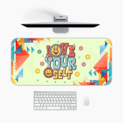 Retro desk pad with “Love Yourself” quote, bright yellow background, colorful geometric shapes, smiley faces, and flower icons in vintage art style.