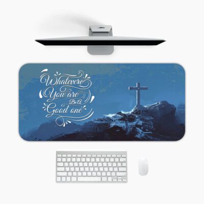 Infidu blue desk pad with mountain cross and uplifting quote on serene background.