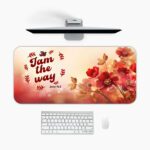 Elegant desk pad with “I am the way – John 14:6” in bold red text, red flowers, golden leaves, and a soft cream-to-red gradient background.