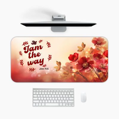 Elegant desk pad with “I am the way – John 14:6” in bold red text, red flowers, golden leaves, and a soft cream-to-red gradient background.