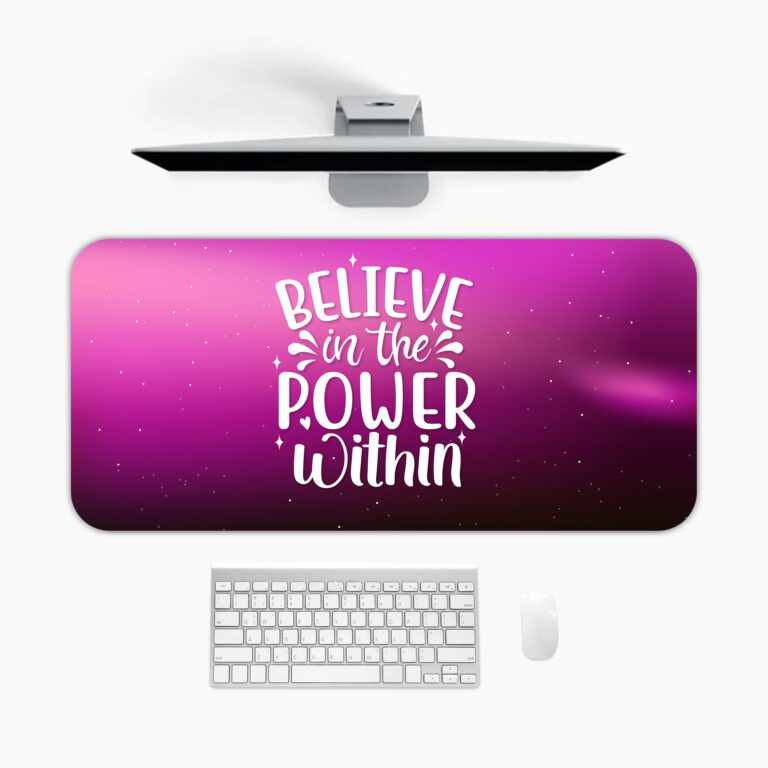 Purple gradient desk pad with sparkles and the quote “Believe in the power within” in white lettering, styled with vintage art flair.